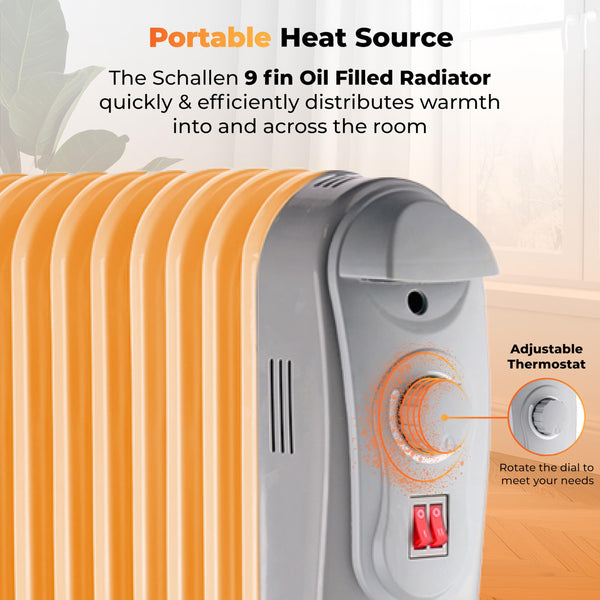 Schallen 1500W 7 Fin Portable Electric Slim Oil Filled Radiator Heater with Adjustable Temperature Thermostat, 3 Heat Settings & Safety Cut Off | 1.5Kw GREY
