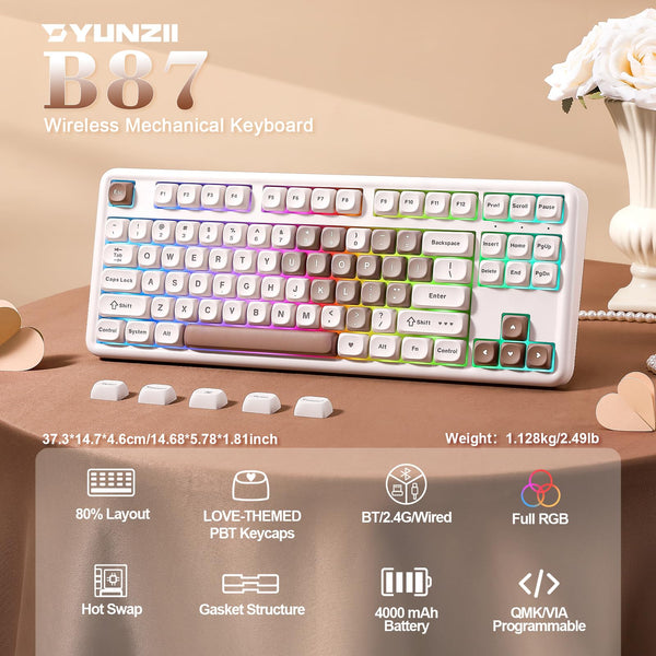 YUNZII B87 Wireless Mechanical Keyboard,QMK/VIA Software Custom Gaming,Gasket RGB Keyboard with Cute MOA Keycaps,Wrist Rest,BT5.0/2.4G/USB-C NKRO for Win/Mac (butter, milk v2 linear)