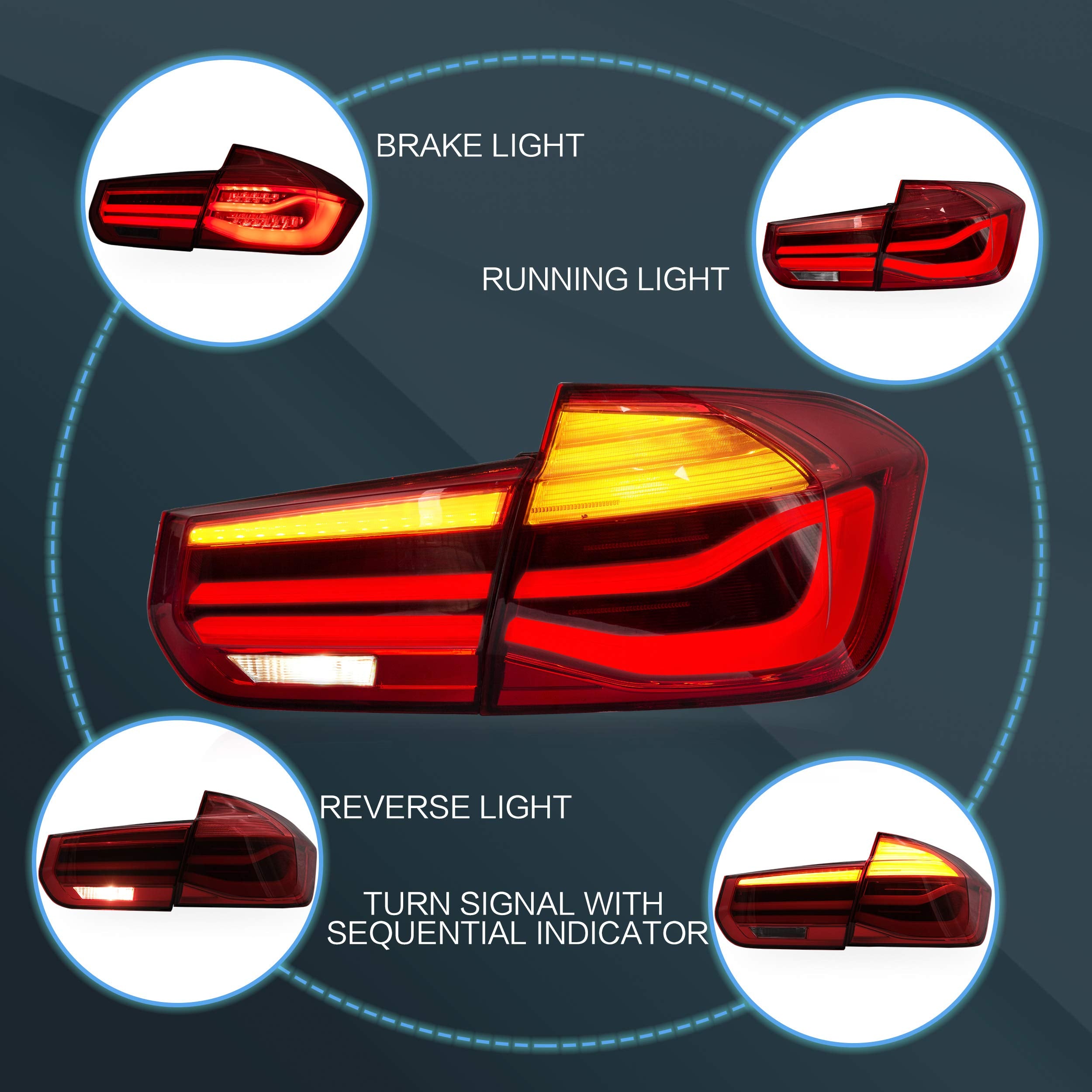 VLAND OLED Rear Lights Compatible with 2013-2018 BMW 3 Series F30 F35 F80 320i 328i 335i Sedan (Not for F31 F34), Tail Lights with Sequential Indicators, E-mark, Red