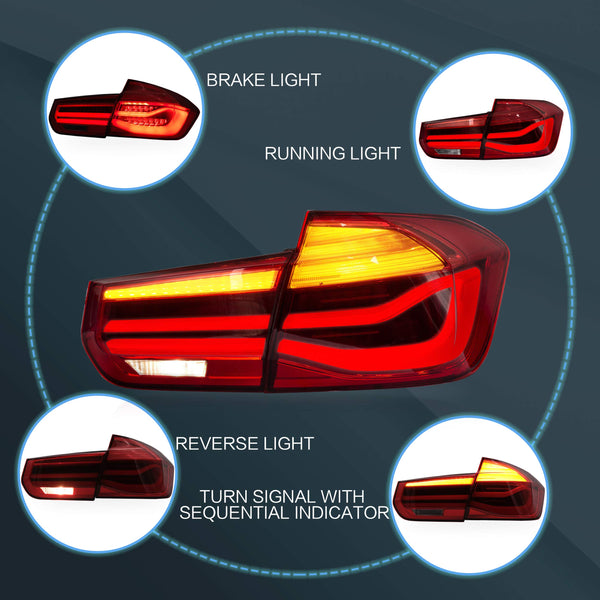 VLAND OLED Rear Lights Compatible with 2013-2018 BMW 3 Series F30 F35 F80 320i 328i 335i Sedan (Not for F31 F34), Tail Lights with Sequential Indicators, E-mark, Red