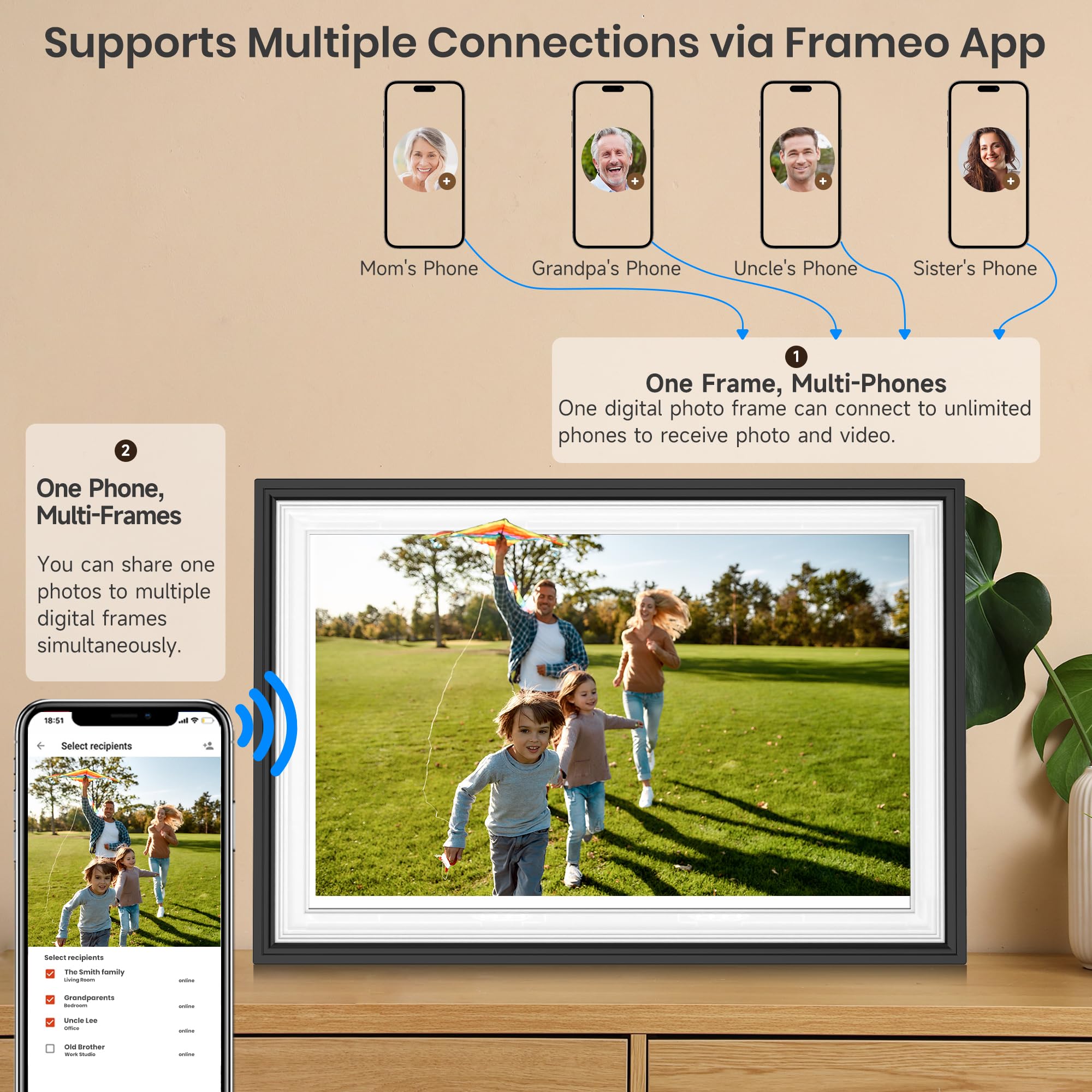 Frameo WiFi Digital Photo Frame 10.1 Inch - 1280x800 HD IPS Touch Screen Picture Frame Electronic, 32GB Memory, Auto Rotate, Wall Mountable, Digital PictureFrame for Sharing Photos and Videos