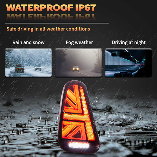 VLAND LED Rear Lights Compatible with Mini Cooper R50 R52 R53 2001-2006 1st Gen Hatch/Convertible, Union Jack Tail Lights w/Startup Dynamic Display & Sequential Indicator, 1 Set (Red)