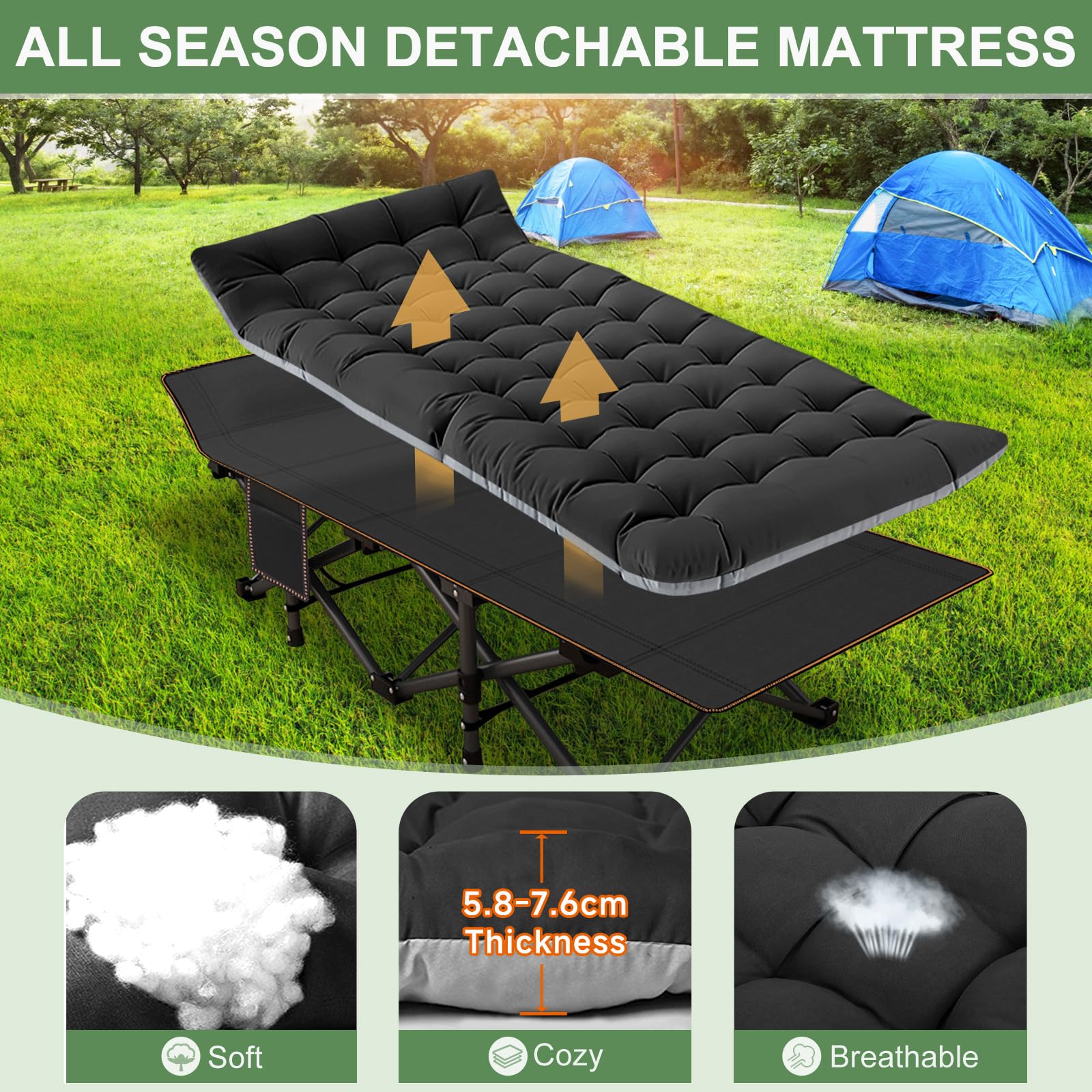 Meulbaty Oversized Folding Camp Bed with Mattress - 46cm Wide, 400KG Heavy Duty Steel Frame and Oxford Cloth, 198x81x46 cm Camping Cot, Great for Adults, Garden and Trip (XXL Black)