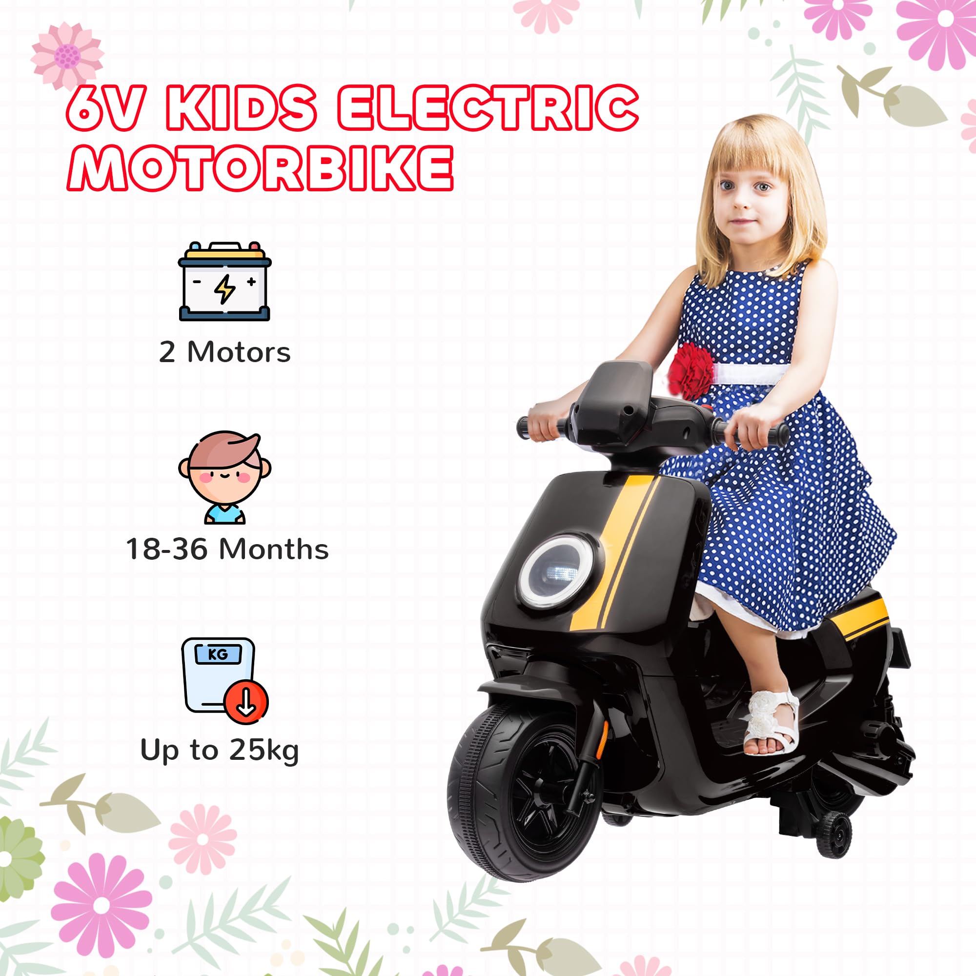AIYAPLAY 6V Kids Electric Motorbike, Ride on Motorbike with Headlight, Music, Forward Reverse, Training Wheels, for Ages 18-36 Months, Black