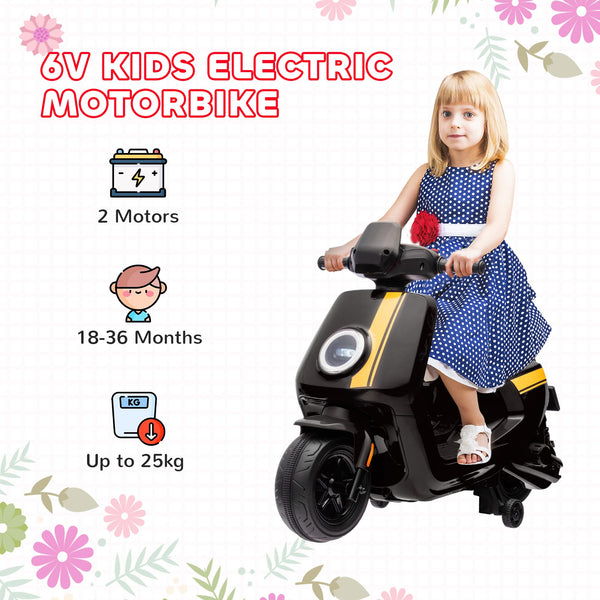 AIYAPLAY 6V Kids Electric Motorbike, Ride on Motorbike with Headlight, Music, Forward Reverse, Training Wheels, for Ages 18-36 Months, Black