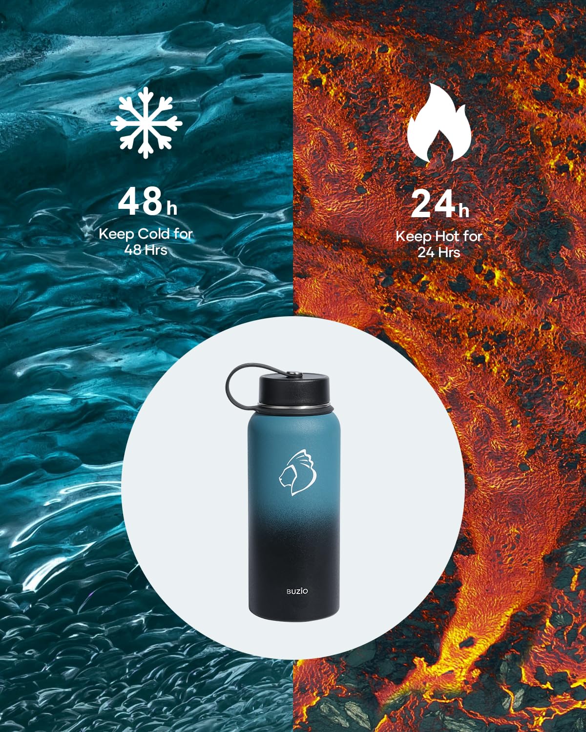 Stainless Steel Water Bottle 2L, BUZIO Vacuum Insulated Water Bottle with Straw Lid and Flex Cap Cold for 48 Hrs, Hot for 24 Hrs Double Wall Wide Mouth BPA Free Leak Proof, Black