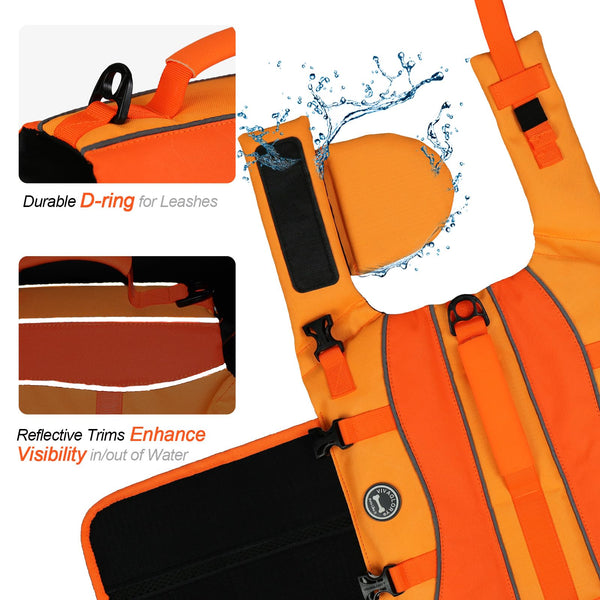 VIVAGLORY Front Float Dog Life Jacket, Dog Buoyancy Aid for Swimming & Boating, Life Vest with Chin Float & Handle, Ripstop & Buoyancy for Doggy, L, Yellow Grey