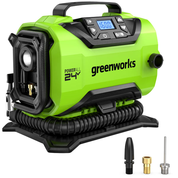 Greenworks G24IN Tyre Inflator Car Air Compressor Cordless Portable Air Pump, 11 Bar, 160 PSI Pressure Gauge, Auto Shut-Off WITHOUT 24V Battery & Charger, Green, Grey, Black