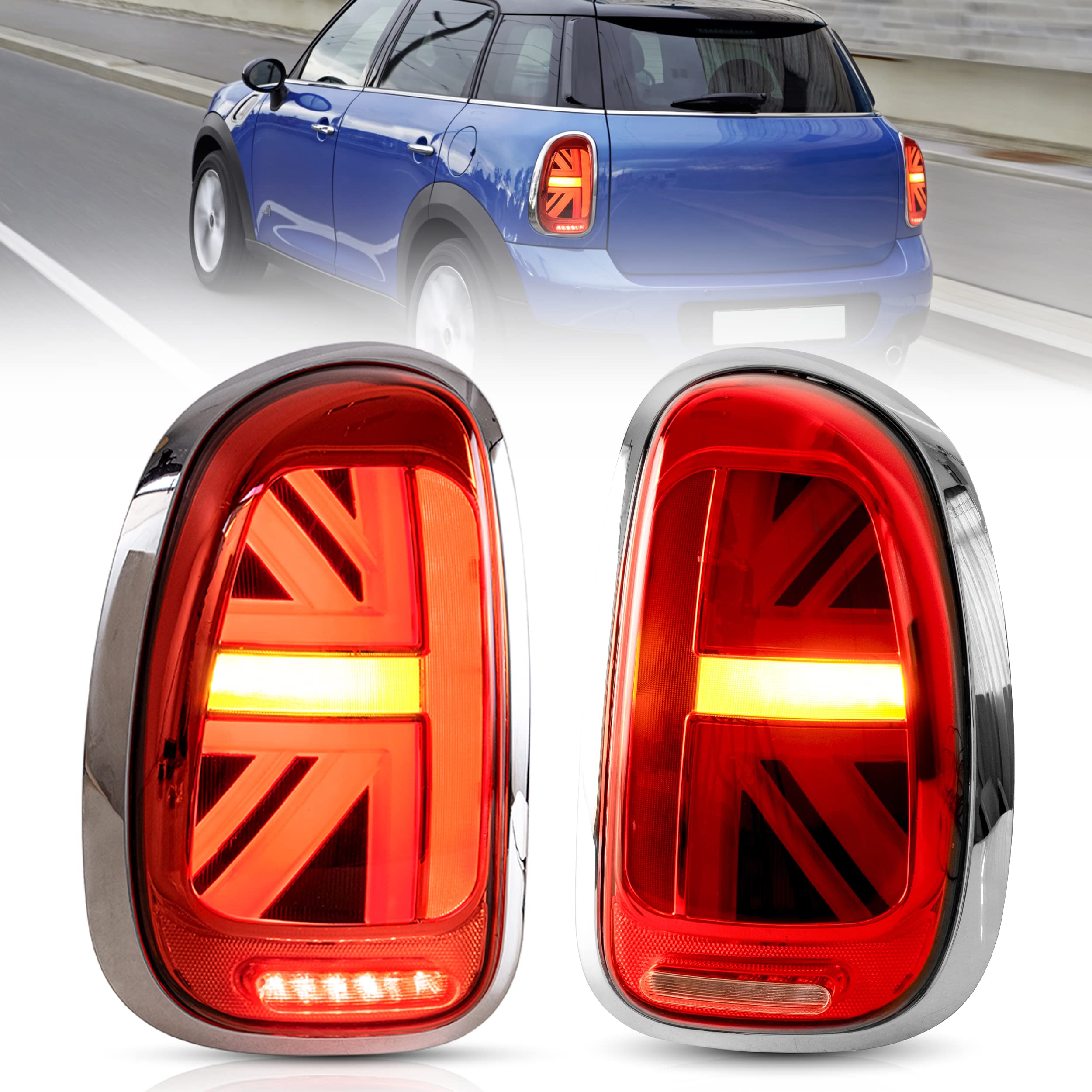 VLAND LED Tail Light Compatible with BMW Mini Cooper F55 F56 F57 2014-2021, Rear Lights with Sequential Turn Signal, Electroplated housing, Red