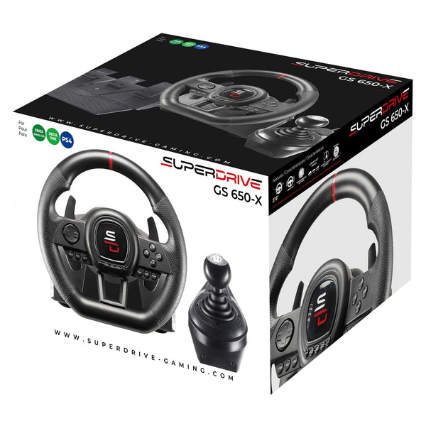 Subsonic Superdrive GS650X racing wheel with manual shifter, 3 pedals, and paddle shifters for Xbox Serie X/S, PS4, Xbox One (programmable)