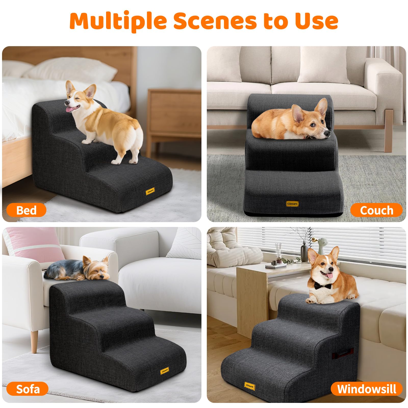 Gimars 30D High-Density Foam & Extra-Wide, Stable 3-Step Dog Stairs, 40cm High Pet Stairs with Washable Cover & Non-Slip Base, Portable Ramp for Small Dogs to Sofa, Bed, Couch, Car