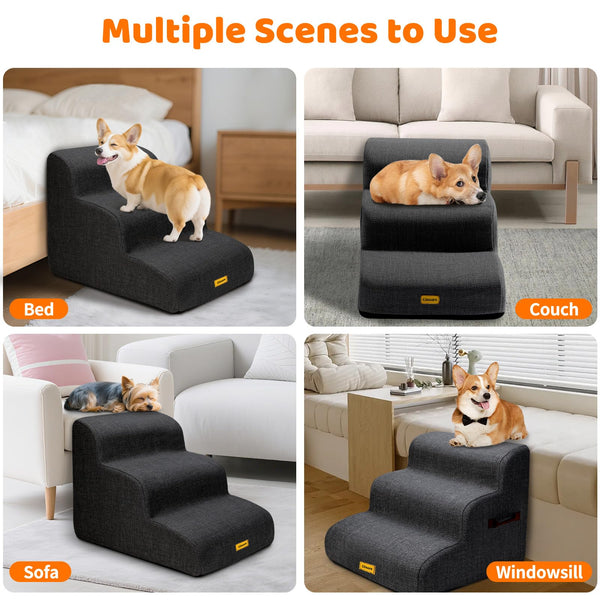 Gimars 30D High-Density Foam & Extra-Wide, Stable 3-Step Dog Stairs, 40cm High Pet Stairs with Washable Cover & Non-Slip Base, Portable Ramp for Small Dogs to Sofa, Bed, Couch, Car