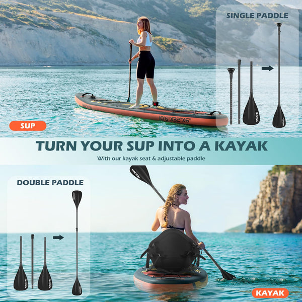 10'6" Inflatable Stand Up Paddle Board with Kayak Conversion Kit, Complete SUP Set Paddle Boards for Adults, with Single/Double Paddle, Kayak Seat, Backpack and More Accessories