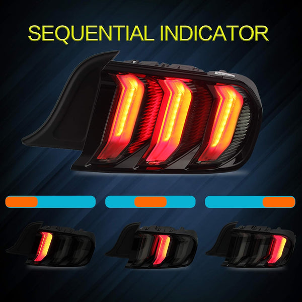 VLAND LED Tail lights Assembly Compatible with Ford Mustang 2015-2020, Rear Lights with Sequential Amber+Red Turn Signal (5 Lighting Modes) Smoked