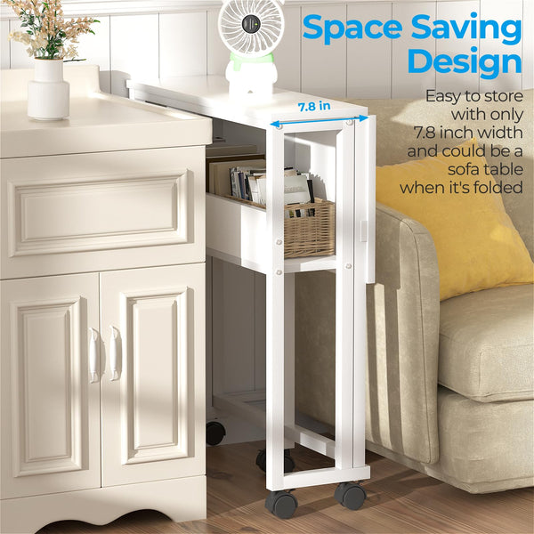 GreenForest Small Folding Desk with Storage Shelf,63 cm Computer Rolling Desk on Wheels Easy Assembly,Foldable desk for Small Space,White