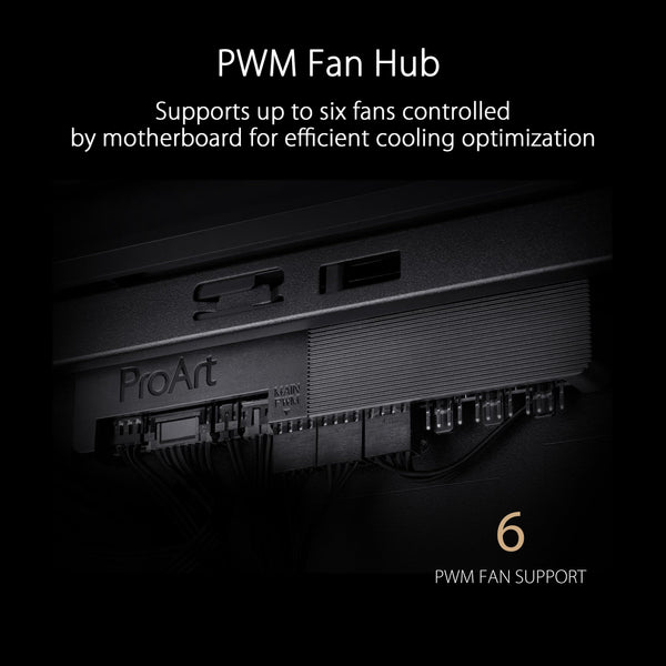 ASUS ProArt PA602 E-ATX computer case, 420 mm radiator support, one 140 mm and two 200mm pre-installed system fans, front panel IR dust indicator, power lock latch, tool-less PCIe mounting