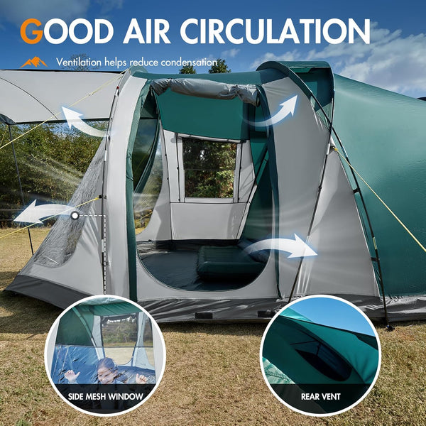 Portal Luxury 5 Man Tent 3000mm Waterproof Large Family Tent with Living Area 4-5 Persons Camping Tall Standing up Height with Fully Sewn-in Groundsheet Extendable Awning Canopy Tunnel 4 Season