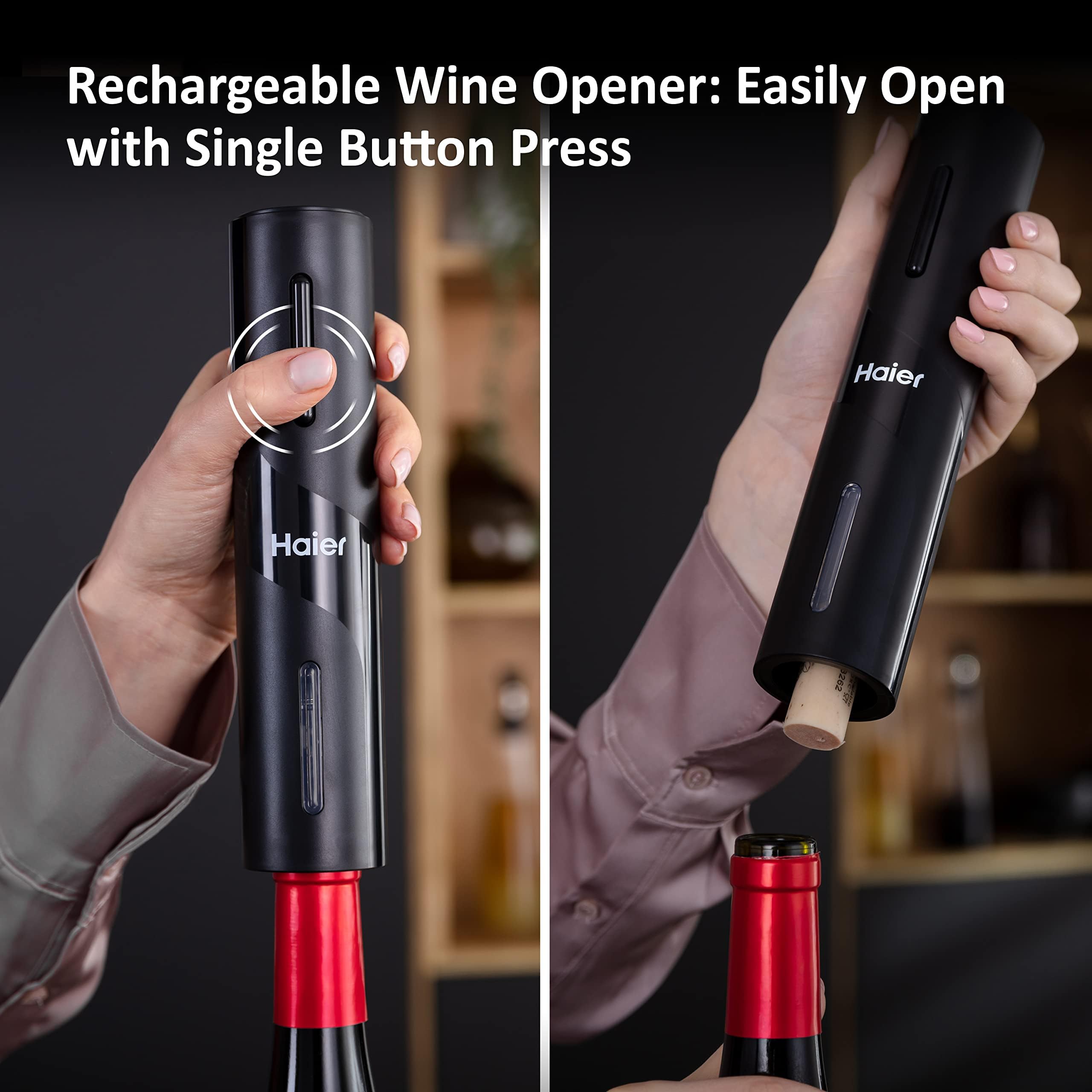 Haier 6-In-1 Electric Wine Bottle Opener Kit - Includes USB Rechargeable Bottle Opener - Tulip Wine Aerator Pourer - Foil Cutter - Vacuum Pump - 2