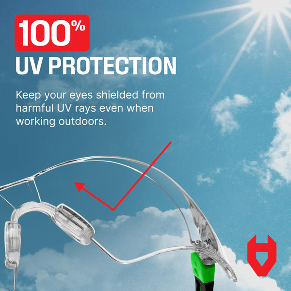 NoCry Clear Safety Glasses for Work with Anti Fog Scratch Resistant Wrap-Around Lenses and Non-Slip Grips, UV Protection. Adjustable Eye Protection Cycling and Squash Glasses with Black & Green Frames