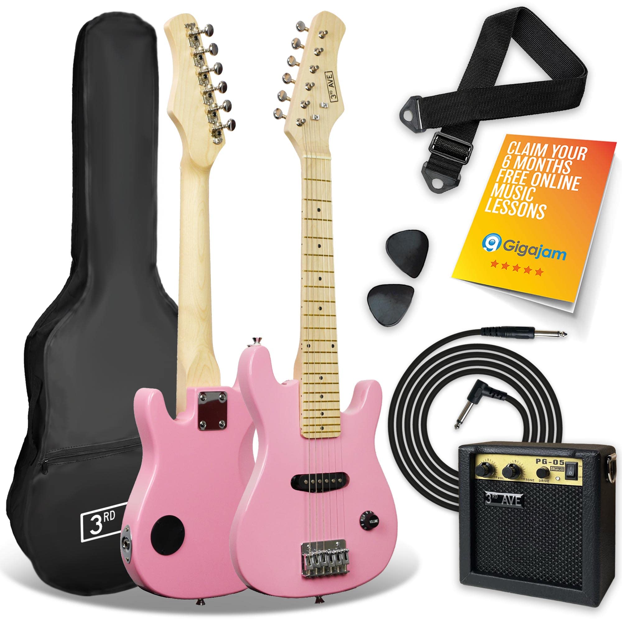 3rd Avenue 1/4 Size Kids Electric Guitar Pack for Junior Beginners - 6 Months FREE Lessons, 5W Portable Amp, Cable, Bag, Picks and Strap - Red