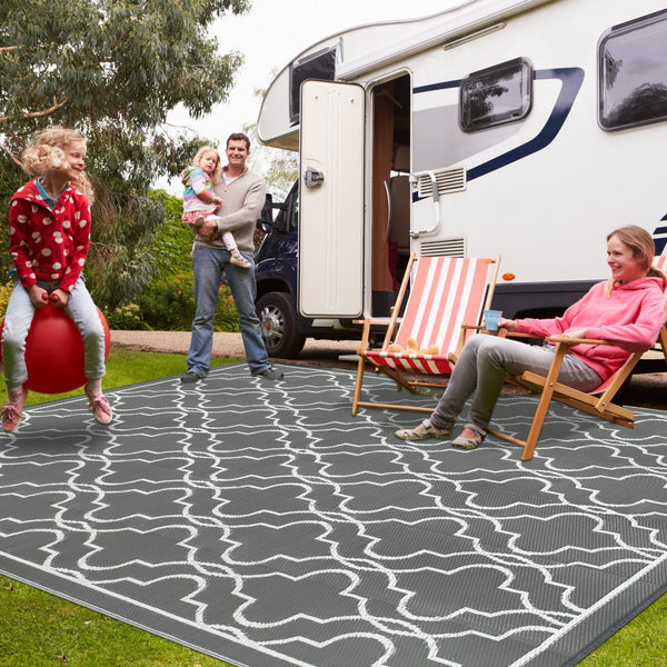 Cekene Large Outdoor Rug Waterproof Black 245x305cm Patio Rugs Reversible RV Camping Mat Lightweight Plastic Portable Outdoor Carpet for Picnic Porch Deck Backyard BBQ Beach