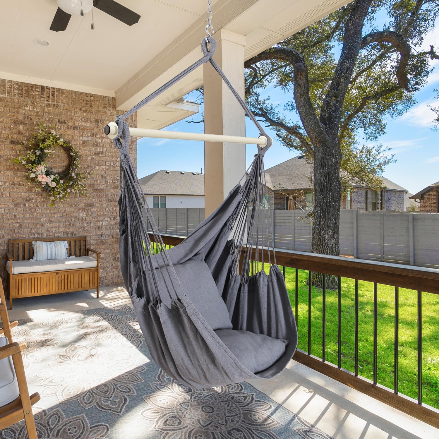 Hanging Chair Cotton Swing Chair with Hardwares, Ohuhu XL Portable Hammock Chair with 2 Cushions Installation Kit Detachable Metal Support Bar Side