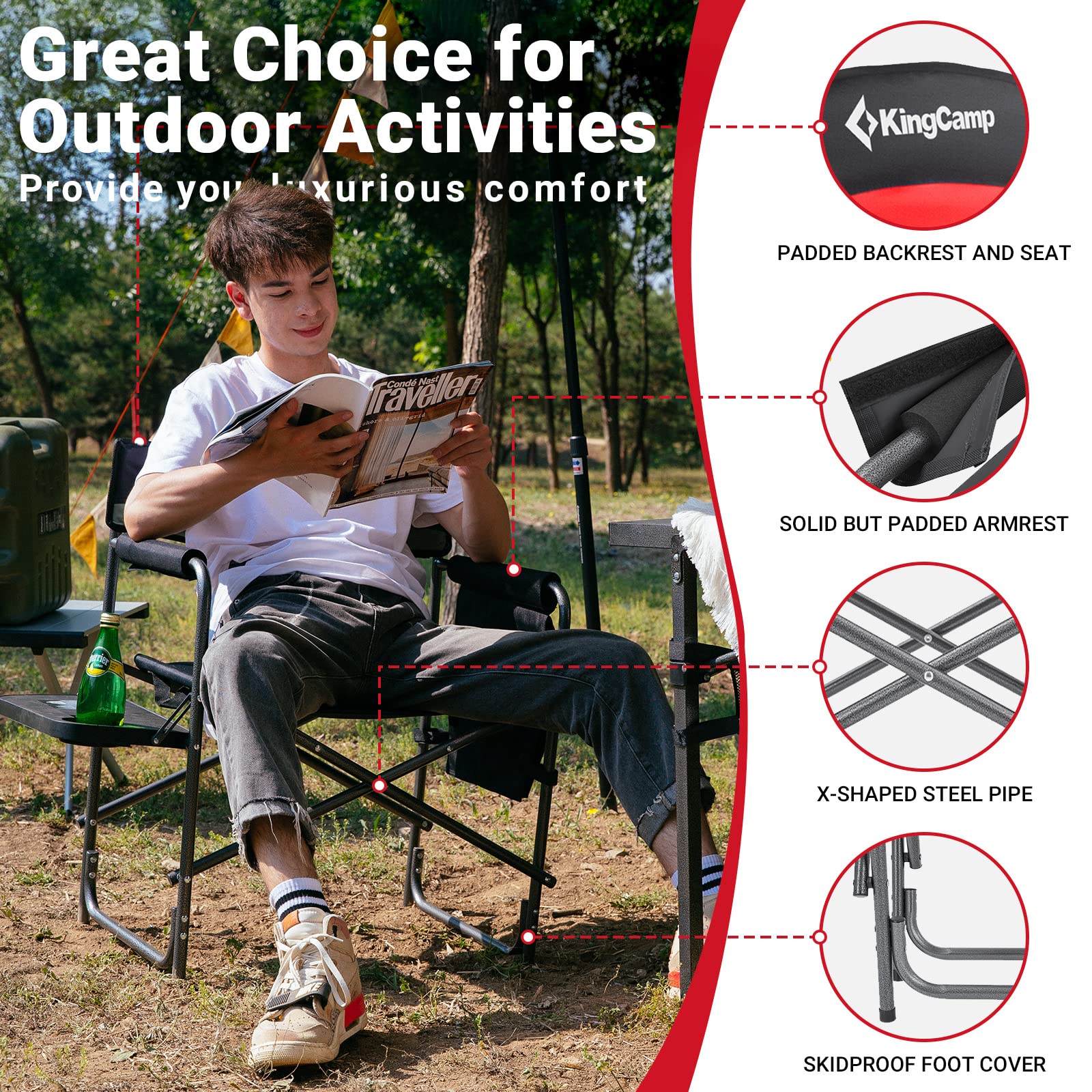 KingCamp Folding Camping Chairs for Adluts Heavy Duty Directors Chair with Cooler Bag and Side Table Support up to 150KG