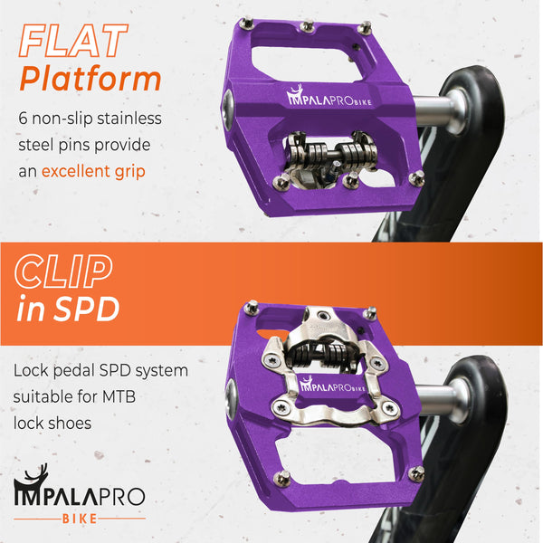 IMPALAPRO - Dual Function Bicycle Flat Pedals and SPD Pedals 9/16'' Compatible with Shimano SPD Pedals - Dual Platform MTB Flat Pedals and SPD