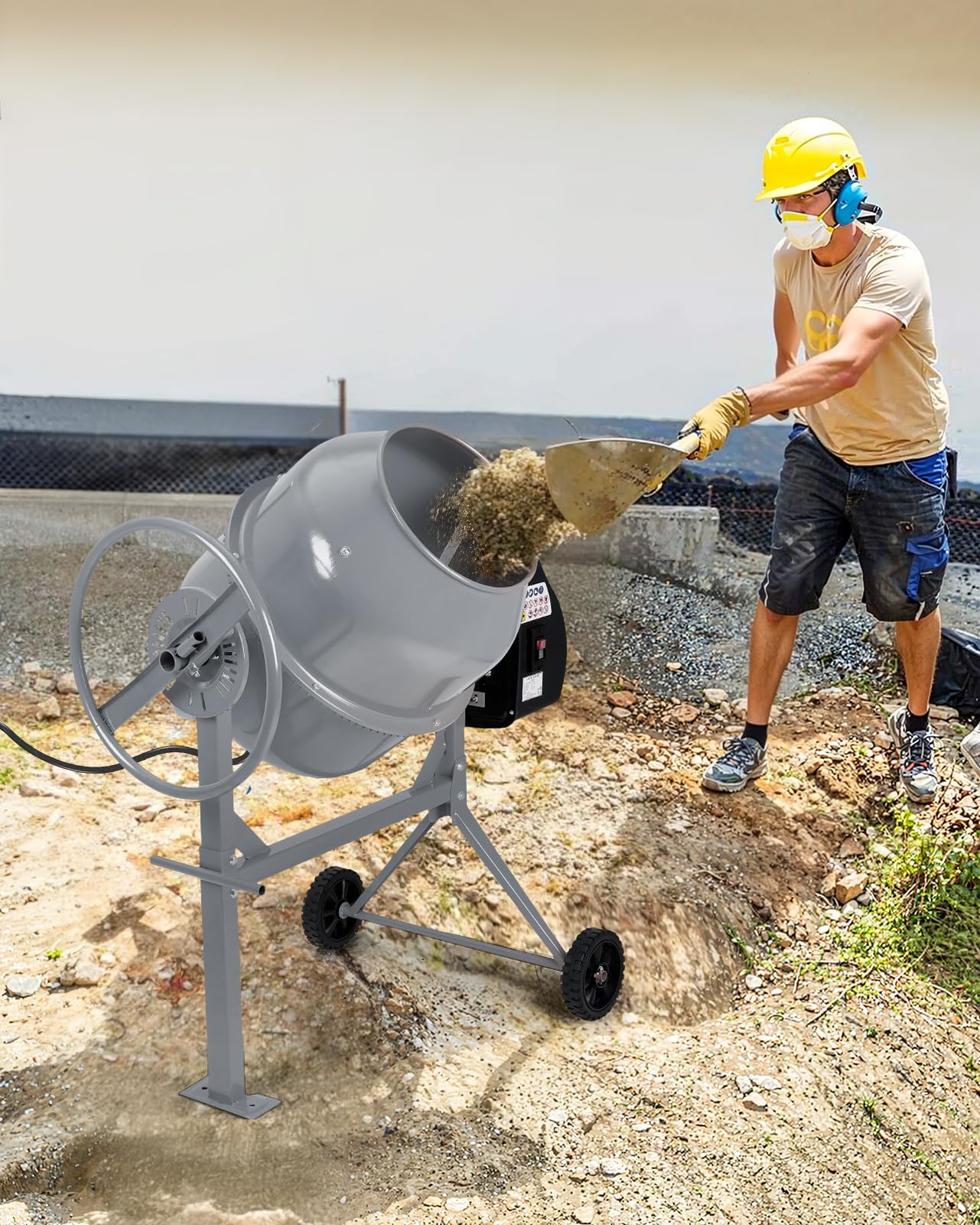 DKIEI 63L Electric Cement Mixer, 220W Concrete Mixer with Wheels and Stand, Portable Mud Mixer Machine for Cement, Stucco, Seeds and Fodder, 230V, 50Hz, 30RPM, Orange