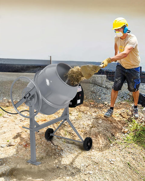 DKIEI 63L Electric Cement Mixer, 220W Concrete Mixer with Wheels and Stand, Portable Mud Mixer Machine for Cement, Stucco, Seeds and Fodder, 230V, 50Hz, 30RPM, Orange