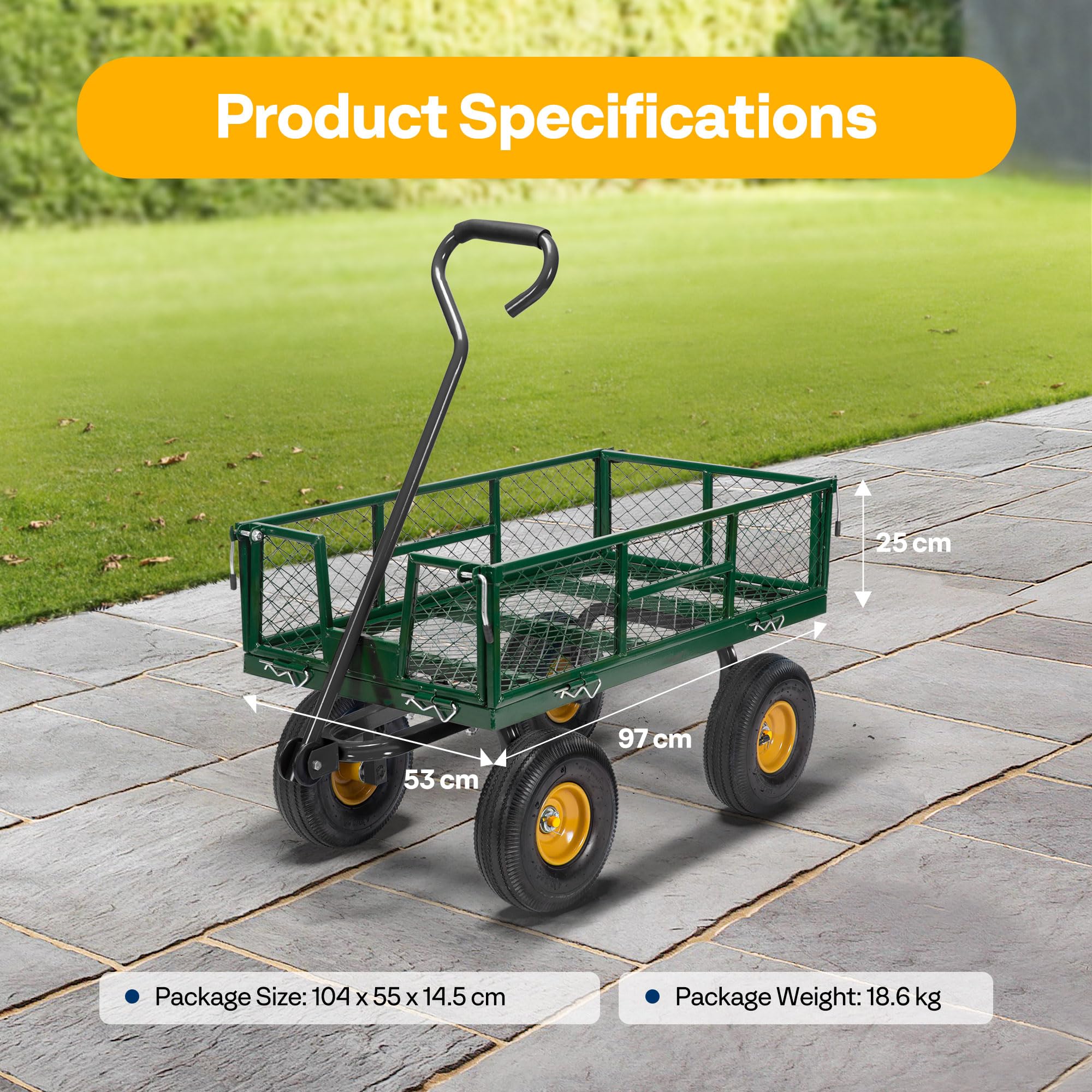 VIVOHOME Hand Trolley 400kg Capacity Durable Transport Cart with 10cm Pneumatic Tires and 180° Rotatable 80cm Handle Heavy Duty Metal Grids for Garden and Camping