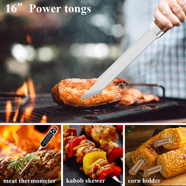 ROMANTICIST 26pcs Extra Thick Stainless Steel Grill Tool Set for Men, Heavy Duty Grilling Accessory Kit for Backyard, BBQ Utensils Gift Set with Meat Thermometer in Aluminum Case for Birthday Brown