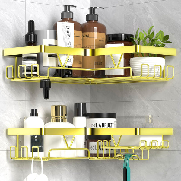 Kegii Telescopic Shower Caddy Corner - Stainless Steel Shower Shelf No Drilling Bathroom Caddy with Soap Holder and Hooks(White), On The Bath or Stand Up Shower