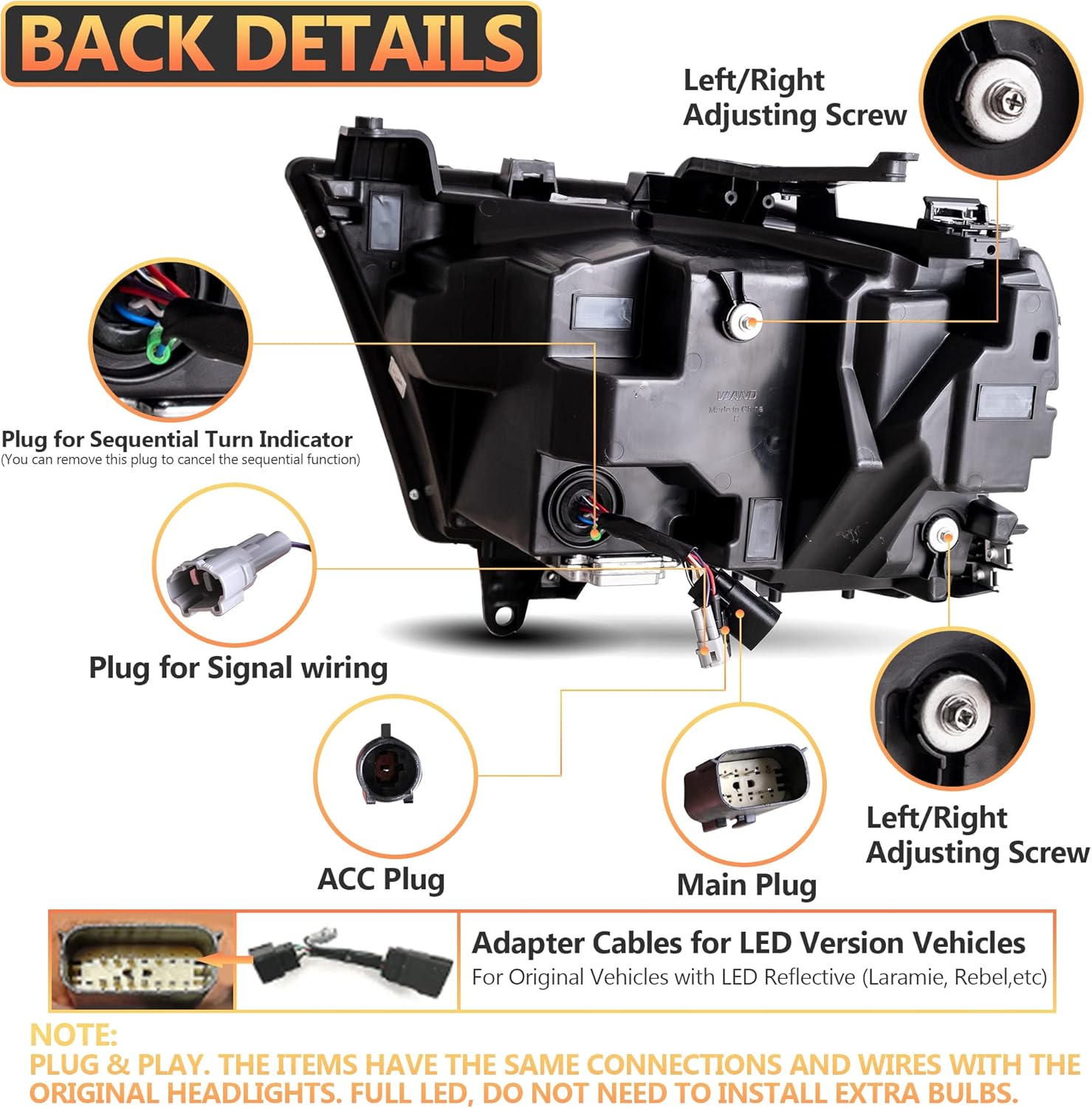 VLAND Motor LED Headlights compatible with 2019-2024 Ram 1500 Tradesman/Lone Star/Big Horn/Laramie/Rebel [Not fit classic, TRX, factory LED projector], w/Amber sequential indicator - Amber
