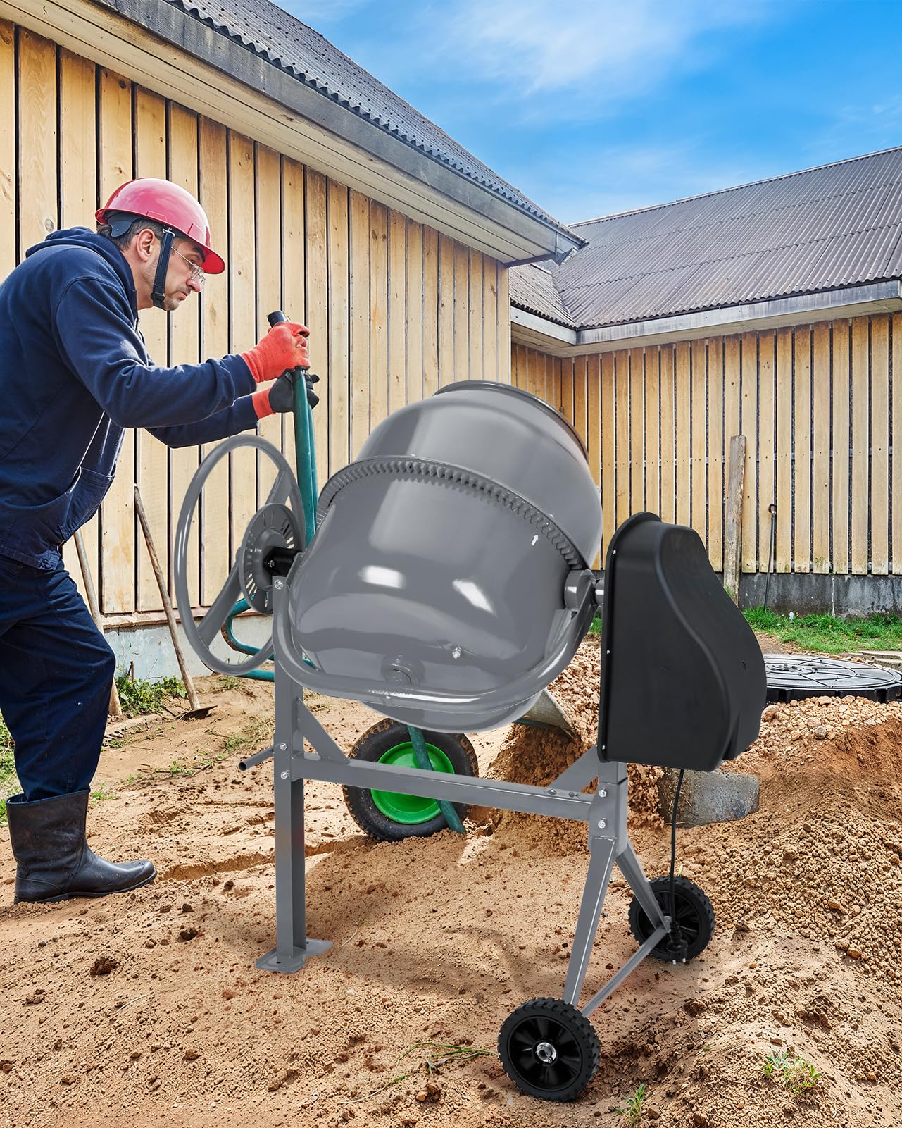 DKIEI 63L Electric Cement Mixer, 220W Concrete Mixer with Wheels and Stand, Portable Mud Mixer Machine for Cement, Stucco, Seeds and Fodder, 230V, 50Hz, 30RPM, Orange