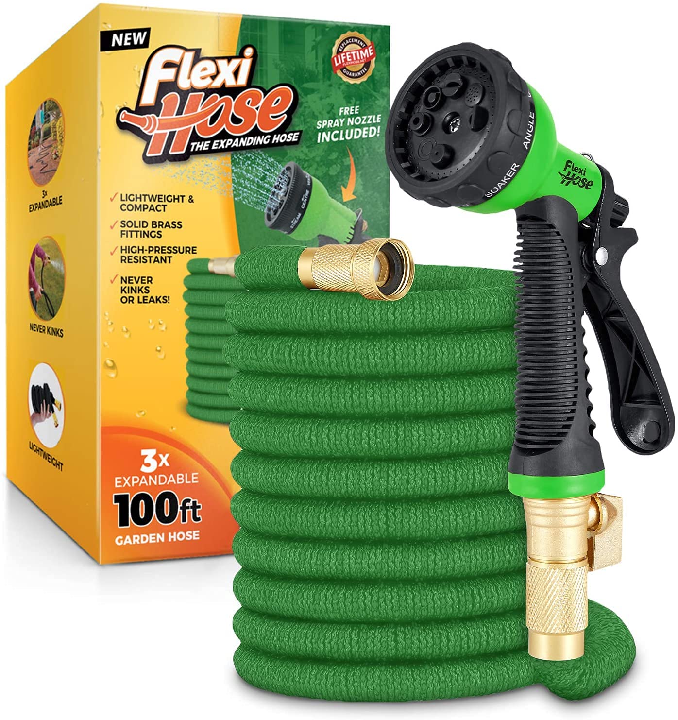 Flexi Hose Upgraded Expandable Garden Hose Pipe Including 8 Function Spray Gun Nozzle - Extra Strength with 2 cm Solid Brass Fittings - No-Kink Flexible Garden Hoses (Orange/Black 15 Metres)