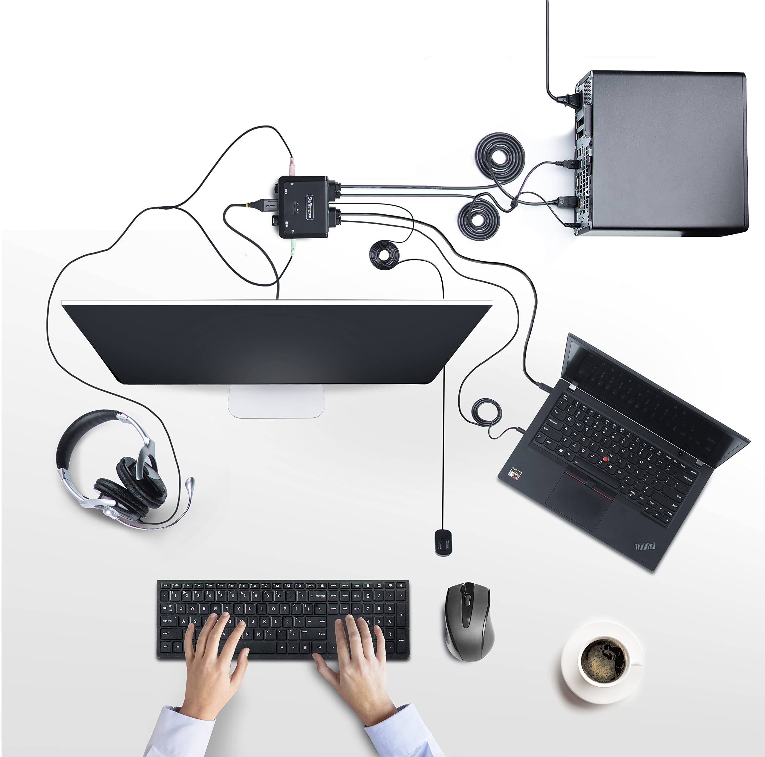 StarTech.com 2-Port Dual-Monitor DisplayPort Cable KVM Switch, 4K 60Hz, Compact KVM with 5ft/1.5m USB-A/DisplayPort/Audio Integrated Cables, Bus Powered, Remote/Hotkey Switching (C2-DD46-UA2-CBL-KVM)