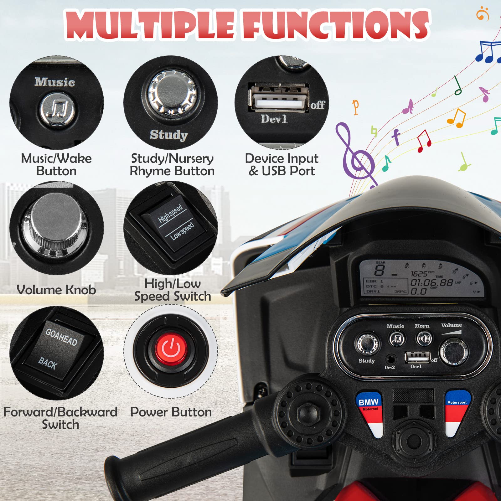 COSTWAY 12V Kids Electric Motorbike, Licensed BMW Ride on Motorcycle with Headlight, Music, Horn, MP3, USB Port, Battery Powered Vehicle Toy for 37-96 Months (Red)