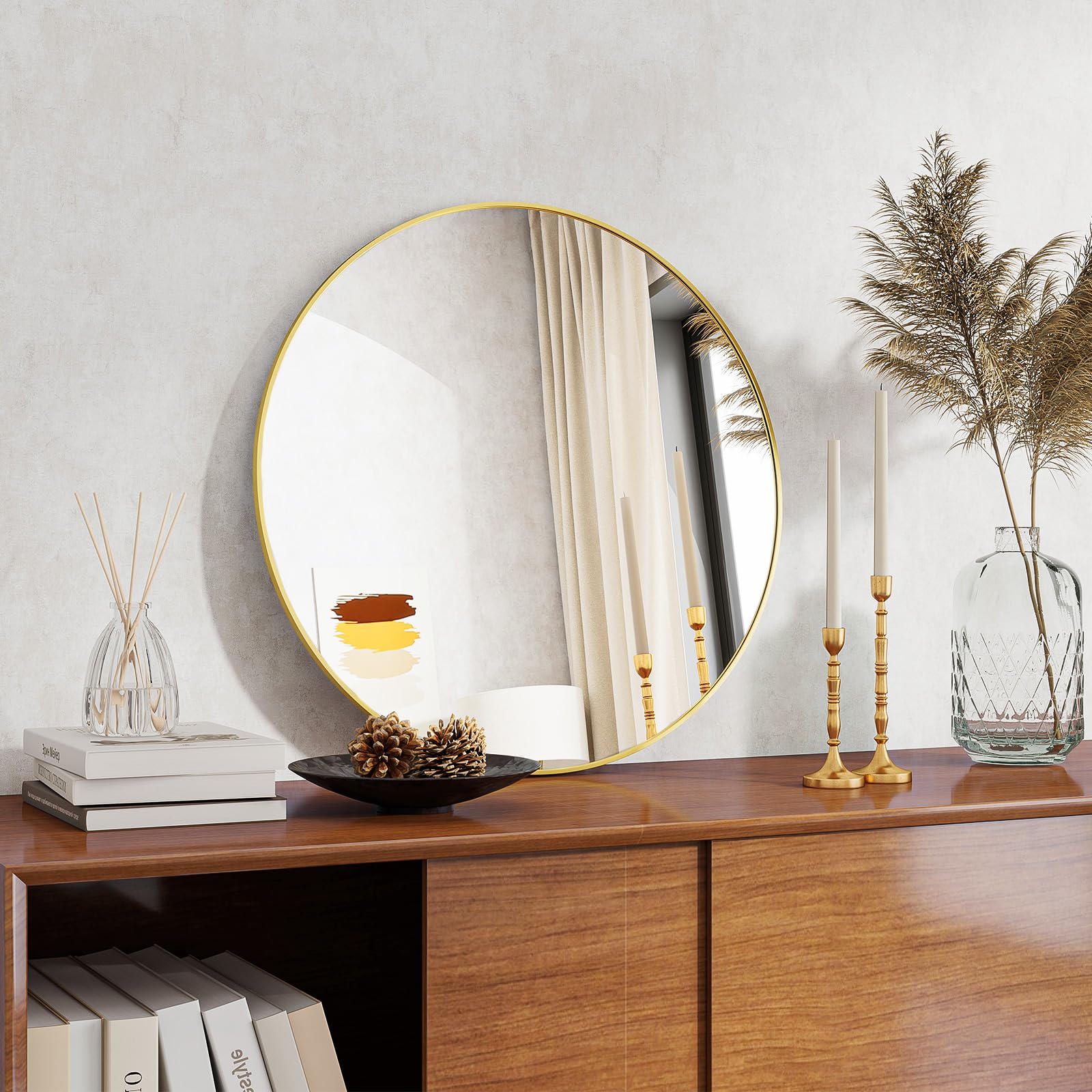 Koonmi 50 cm Gold Round Mirror, Circle Wall Mirror with Aluminum Alloy Frame, Classic Round Mirror for Bathroom over the Sink, Modern Hanging Hallway