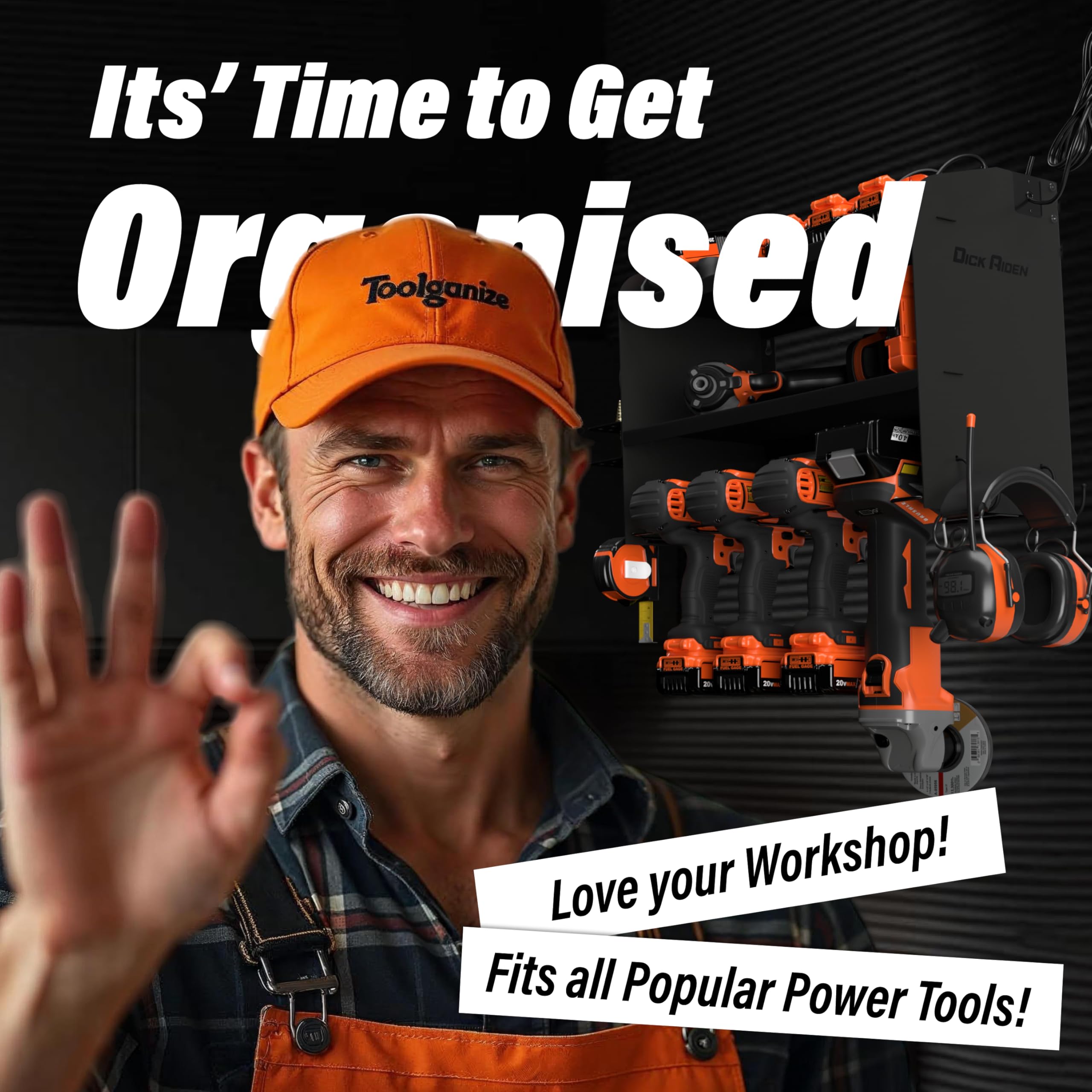 Toolganize Power Tool Organiser, Storage Rack with Power Strip Charging Station, Heavy-Duty for Workshop & Garage Tools - 4 Slot, Milwaukee Red.