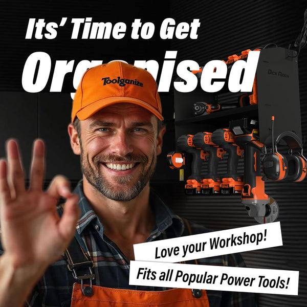 Toolganize Power Tool Organiser, Storage Rack with Power Strip Charging Station, Heavy-Duty for Workshop & Garage Tools - 4 Slot, Milwaukee Red.