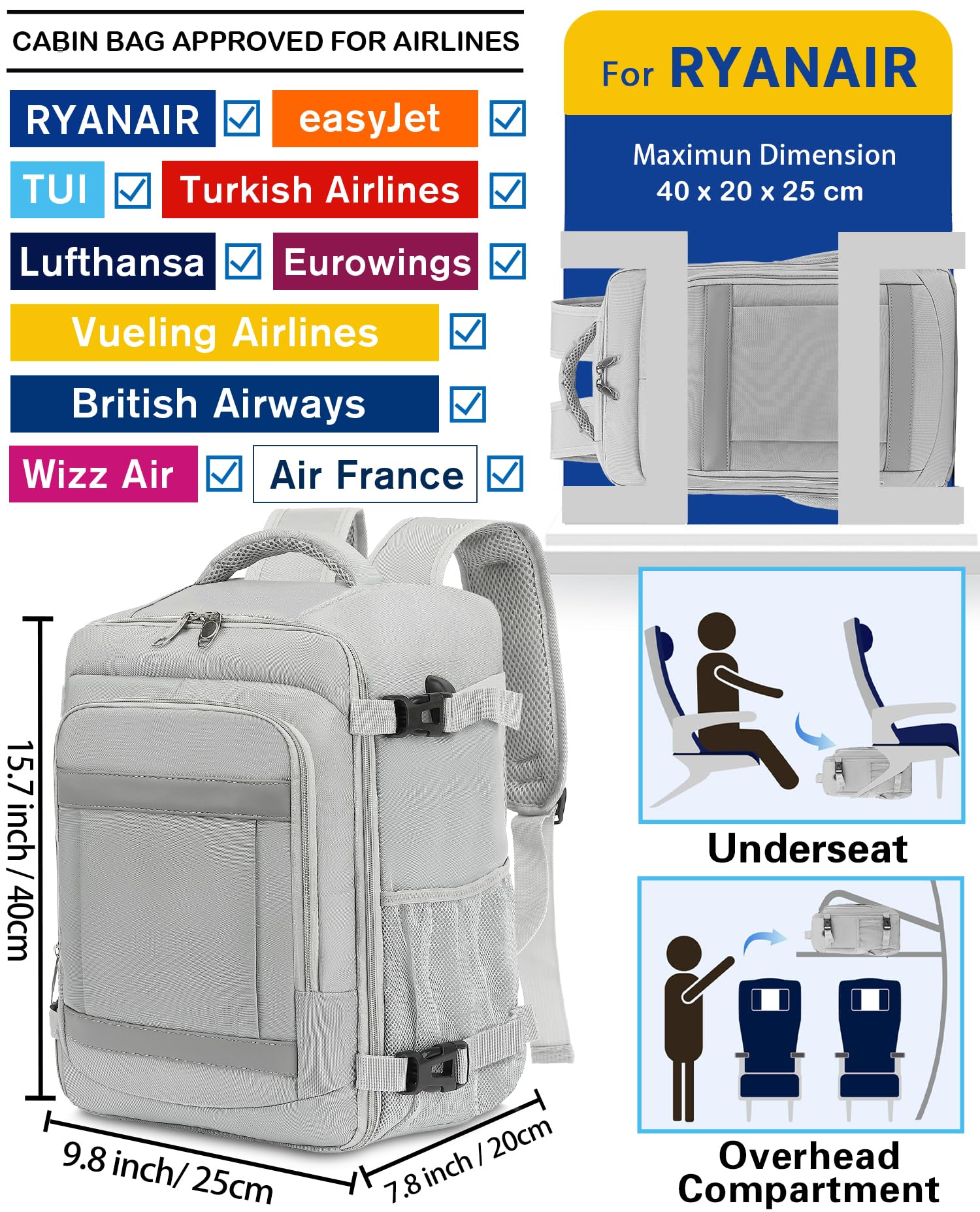 KLOSTAIN for Easyjet Cabin Bag 45x36x20 Travel Backpack Hand Luggage Carry-ons Bag Laptop Backpack Ruscksack for Airplanes Flight New Easyjet Underseat Cabin Bags Fit 14" Laptop Navy