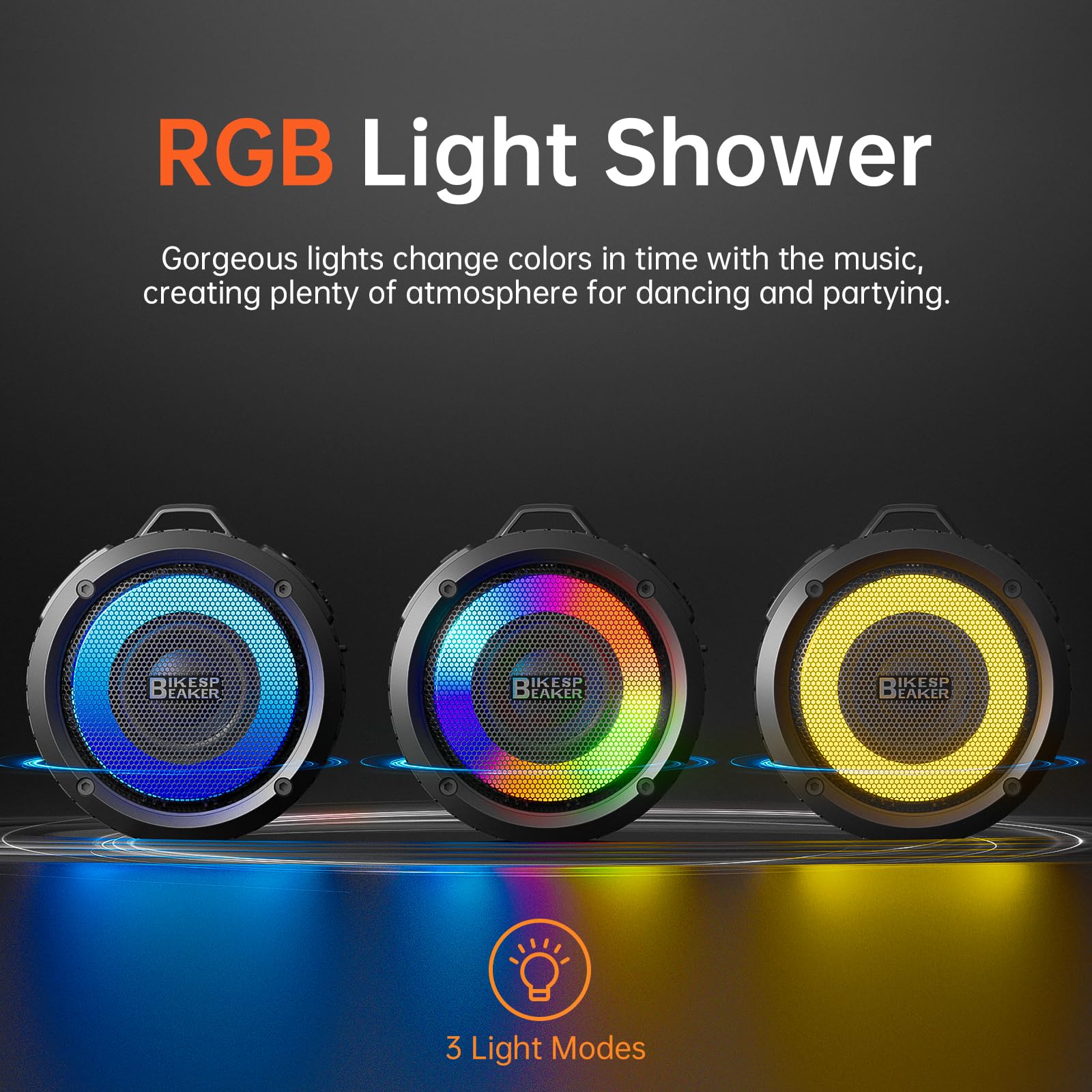 Bluetooth Shower Speaker with IPX7 Waterproof, Bluetooth Speaker with HD Stereo Sound, Built-in Mic Portable Wireless Speaker with Dynamic Lights 10H Playtime, for Outdoor Kitchen Gifts Golf, Black