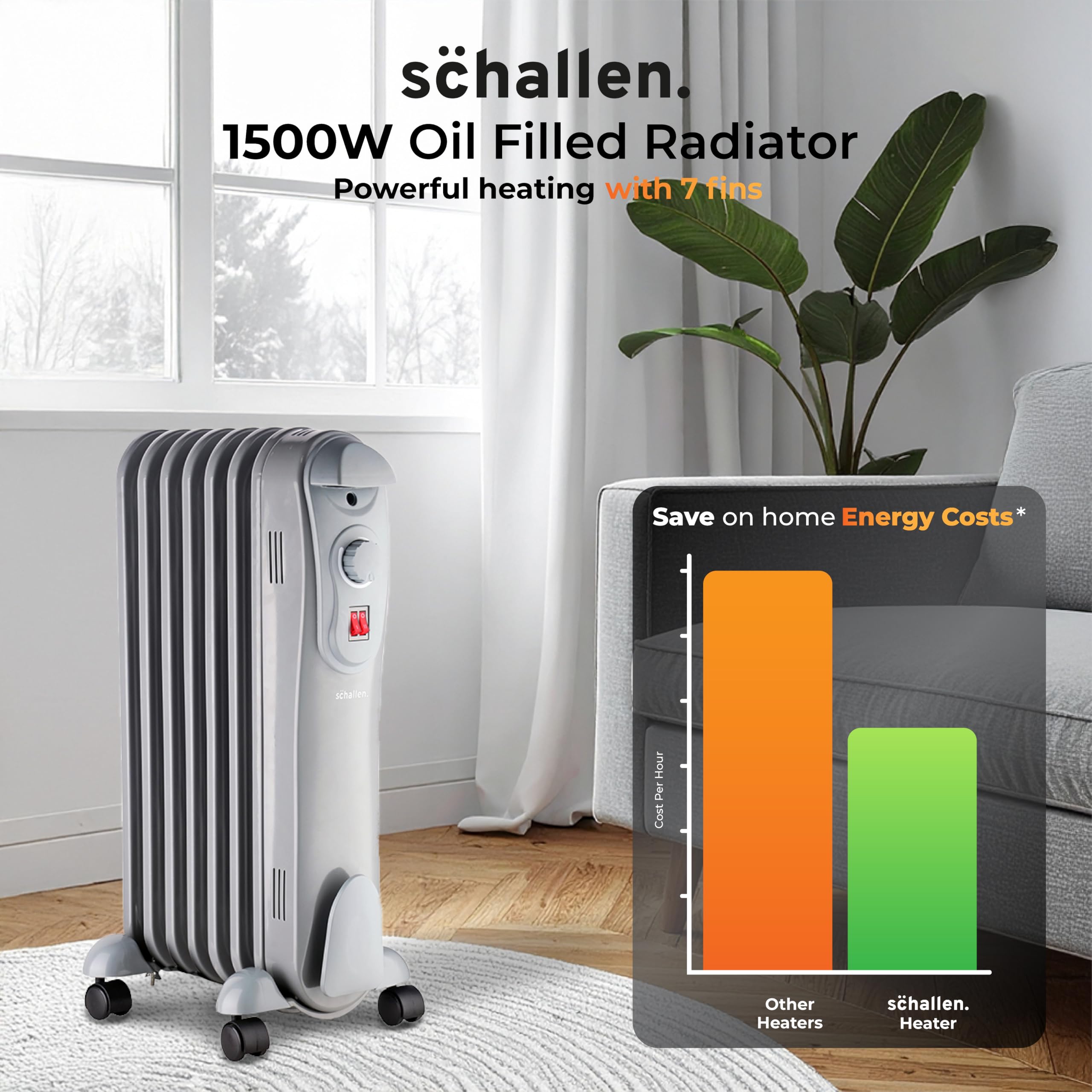 Schallen 1500W 7 Fin Portable Electric Slim Oil Filled Radiator Heater with Adjustable Temperature Thermostat, 3 Heat Settings & Safety Cut Off | 1.5Kw GREY