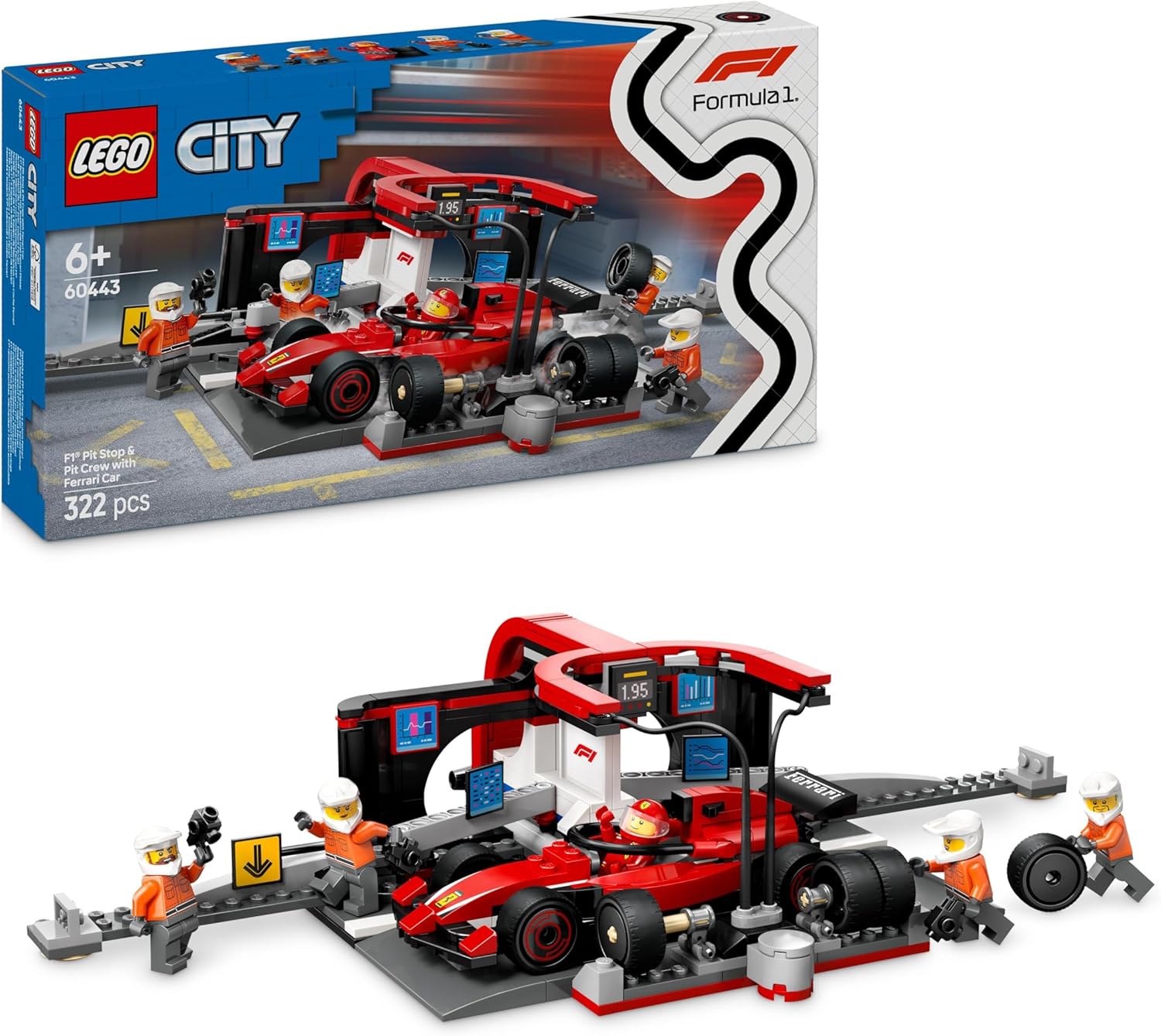 LEGO City F1 Pit Stop & Pit Crew with Ferrari Car Toy - Formula 1 Set incl. a Driver Minifigure, 4 Mechanics, Spare Tyres & Wheel Guns - Building Toys for 6+ Year Old Boys & Girls - 60443
