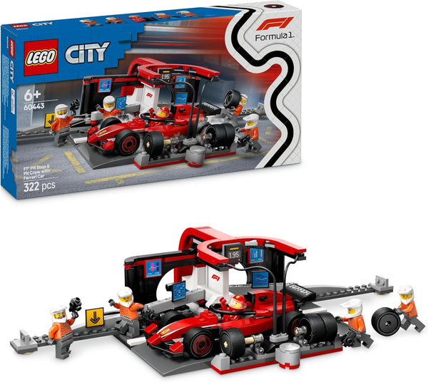LEGO City F1 Pit Stop & Pit Crew with Ferrari Car Toy - Formula 1 Set incl. a Driver Minifigure, 4 Mechanics, Spare Tyres & Wheel Guns - Building Toys for 6+ Year Old Boys & Girls - 60443