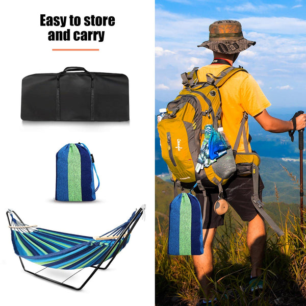 Hammock with Stand, Double Cotton Hammock with Spreader Bars, Space-Saving and Adjustable Steel Stand Perfect for Garden Camping Travel Backyard,