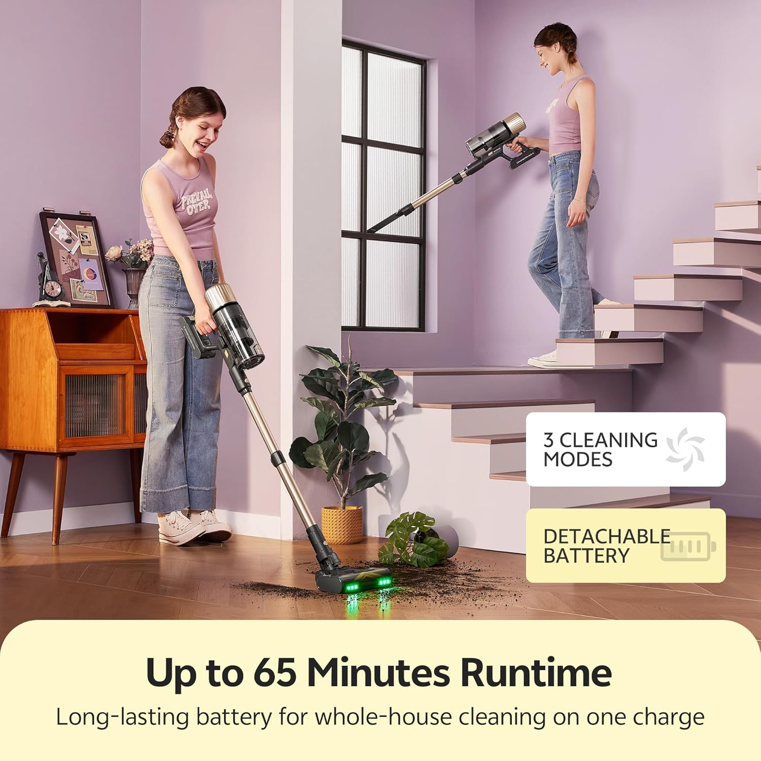 Ultenic U15 Cordless Vacuum Cleaner 50000Pa/65Min Runtime, Anti-tangle Brush with GreenEye Technology, Self Standing Stick Vacuum, Telescopic Tube, Ideal for All Floors, Carpet & Pet Hair