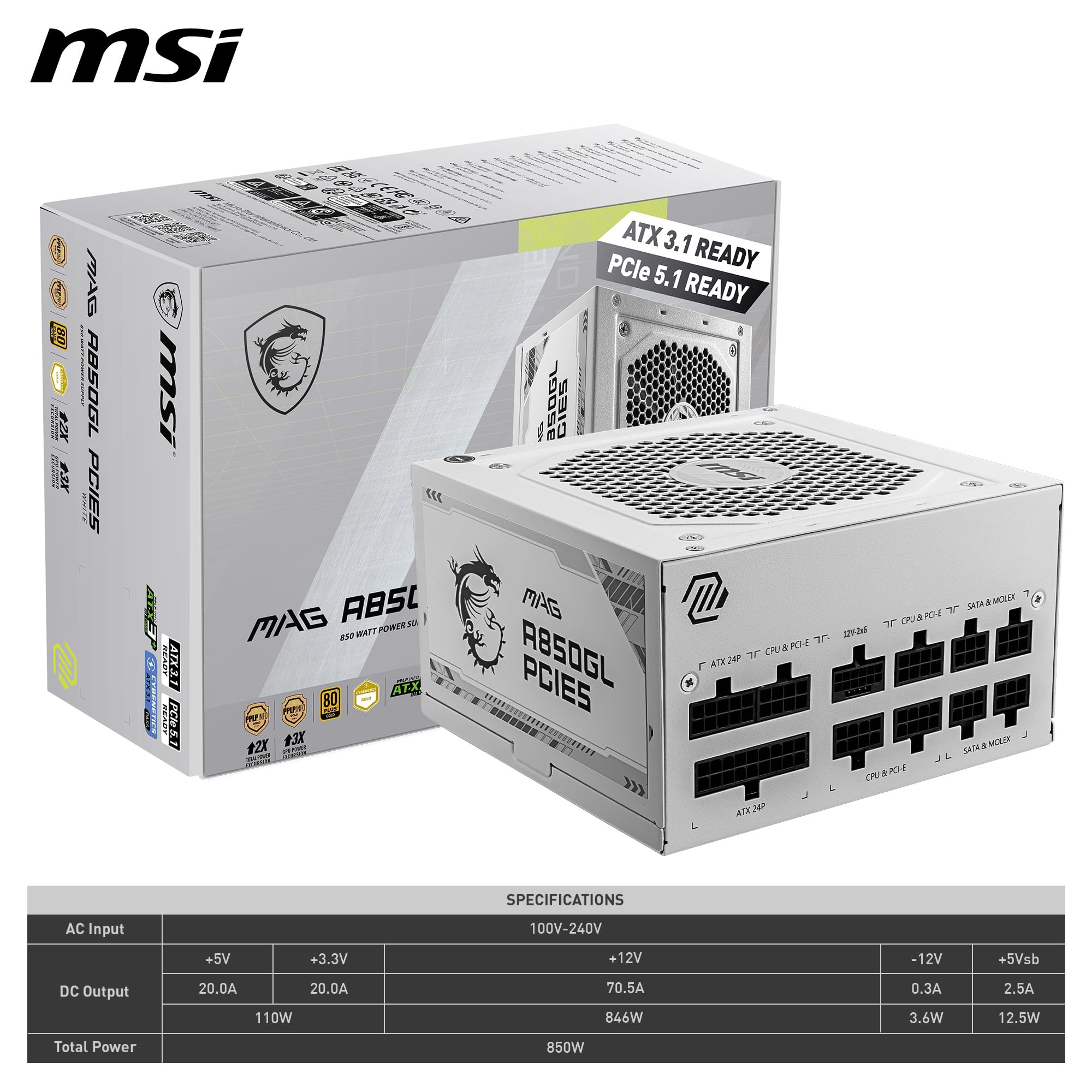 MSI MPG A1000G PCIE5 Power Supply Unit, UK Plug - 1000W, 80 Plus Gold Certified, Fully Modular ATX 3.0, PCIe 5.0 GPU Support, Japanese 105°C Capacitors, 0% RPM Mode, Flat Cables - 10 Year Warranty