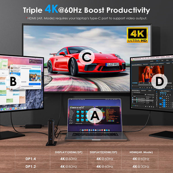 WAVLINK USB C Docking Station with 3 HDMI, Displaylink Laptop Dock Triple Monitor 4K60Hz, 100W Charging for M1 M2 M3 M4 Mac and Windows, 5 USB Ports, 2DP, 1Gbps Ethernet Port, Audio/Mic, SD/TF